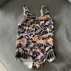 Girls Camo Print Ruffle One-Piece Swimsuit - Brown Black Tan